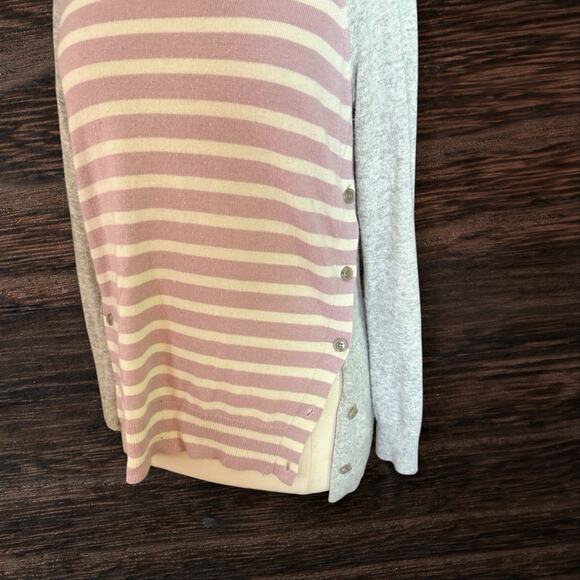 J.Crew Gray Pale Pink Stripe Side Button Sweater Sz S Wool Blend Elbow Patches - Picture 3 of 8